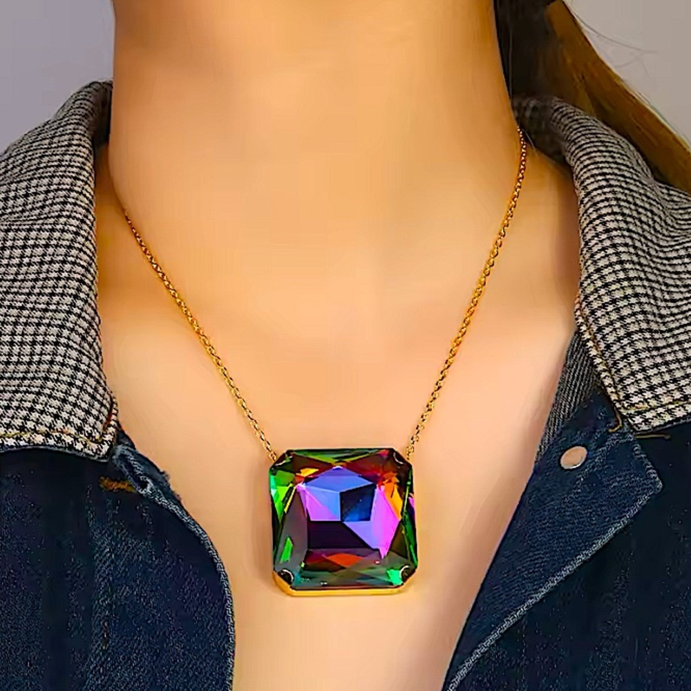 Gold Exaggerated Mystic Fire Silver Crystal Stone Necklace Boho Statement.